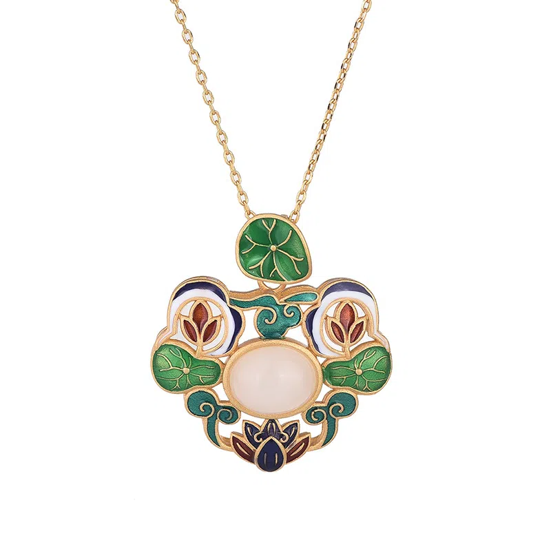 彤彤兔 国风古装旗袍配饰珐琅彩绘工艺荷叶莲花复古 铜 项链 女款