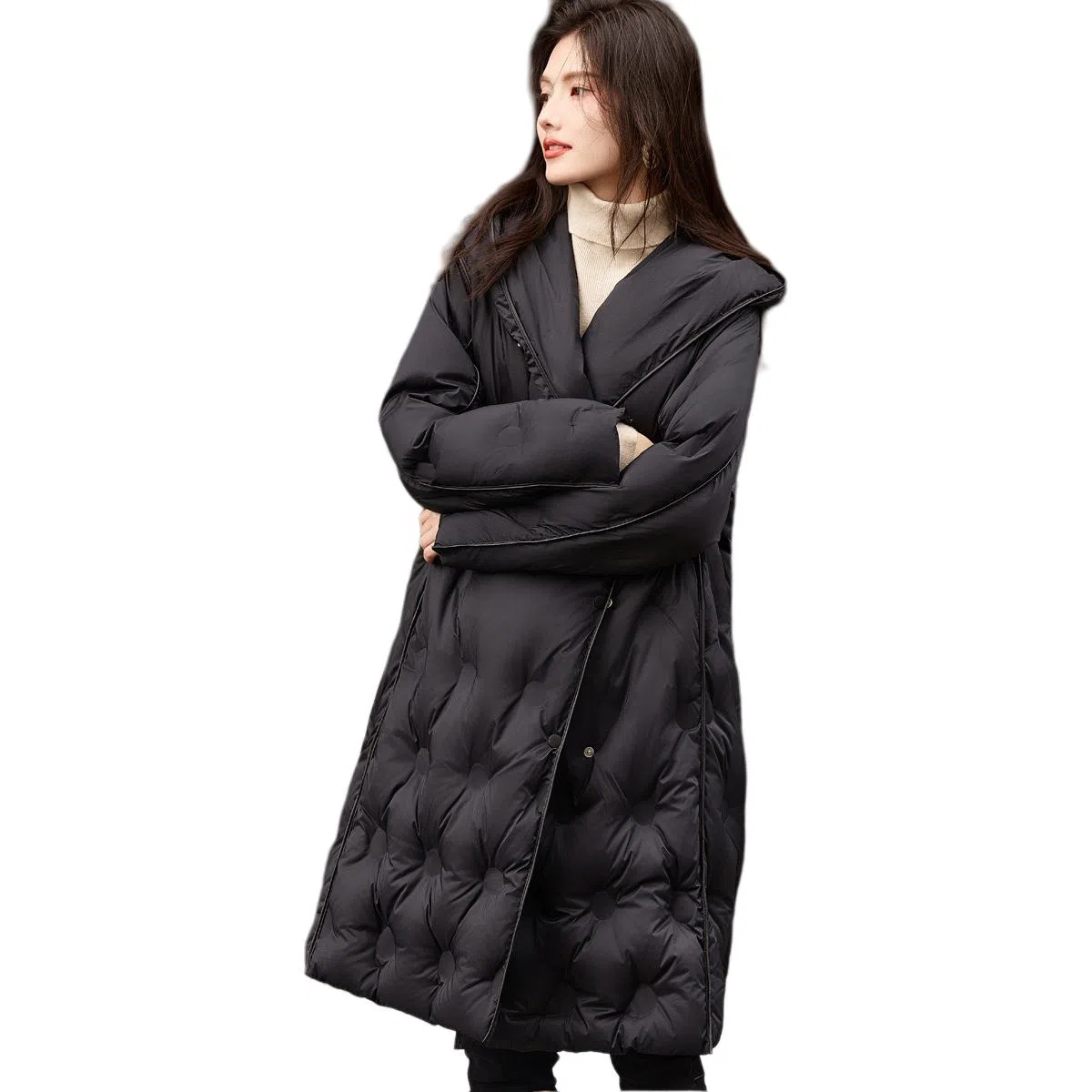 【dme】 纯色宽松加厚中长款单排扣连帽休闲长袖羽绒服 女款