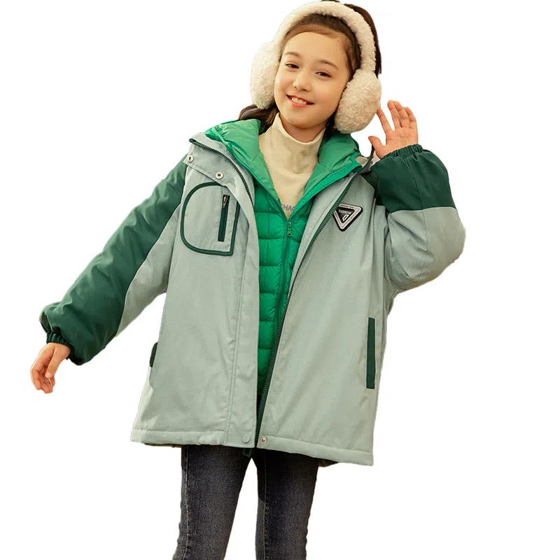 鸭鸭 童装 拼色连帽加绒羽绒内胆三合一户外冲锋衣 儿童款