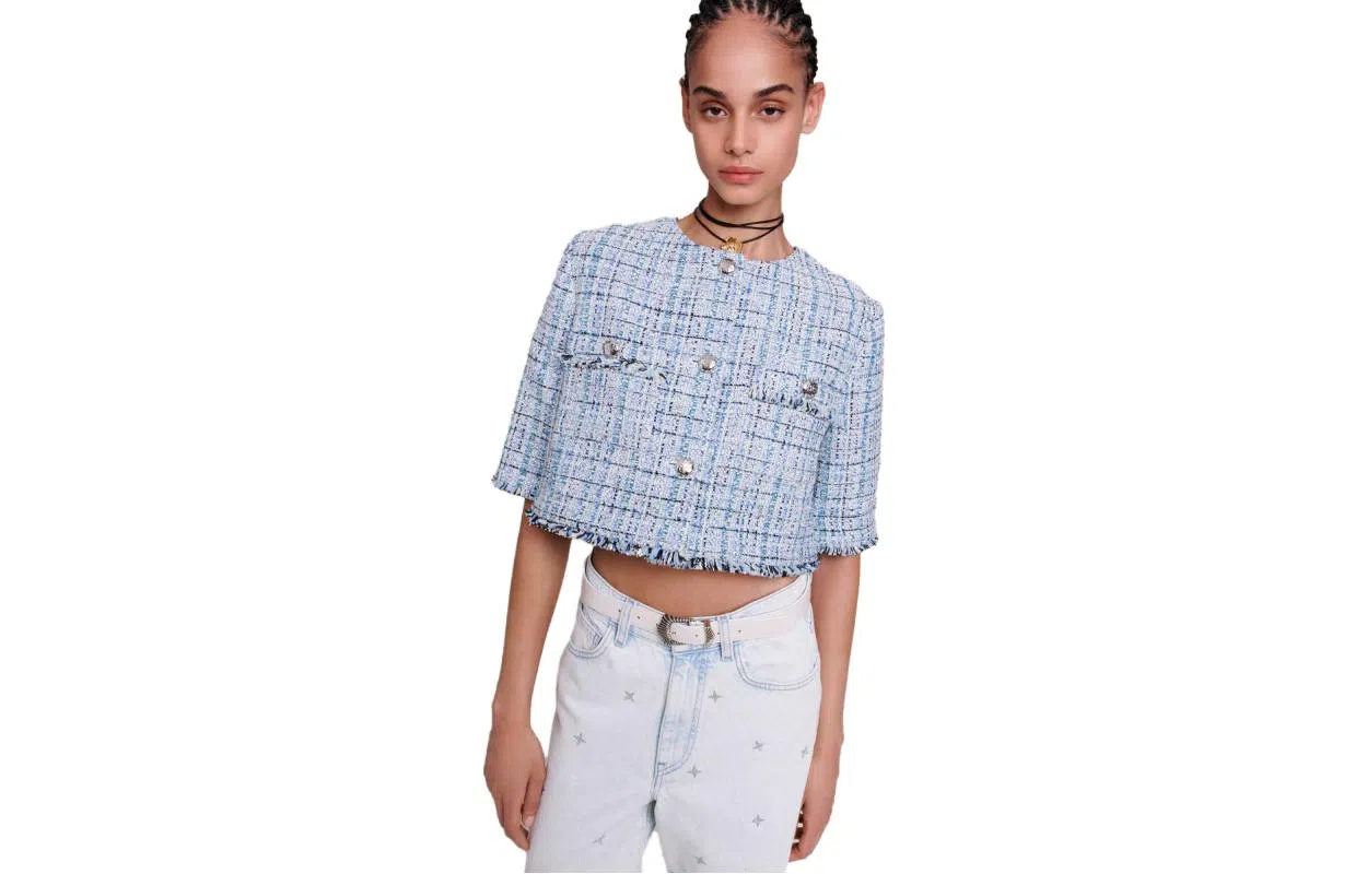 Maje FW23 Plaid Tweed Jacket Light Blue