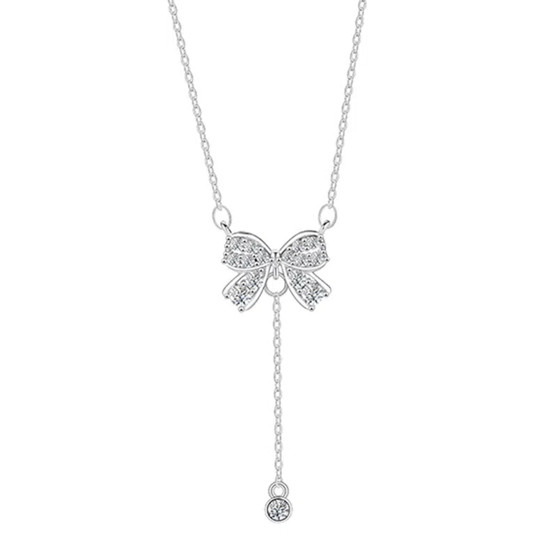 克兰茜 蝴蝶结流苏吊坠 精致轻奢优雅小众高级感锁骨链 合金 项链 女款 银色