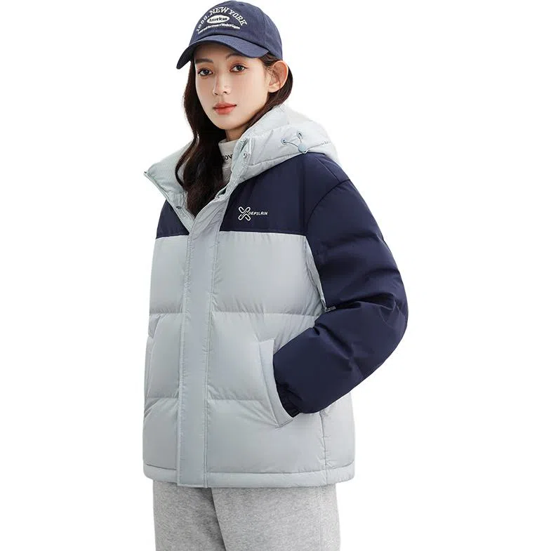鸭鸭 拉链连帽撞色拼接情侣面包服防寒羽绒服 女款