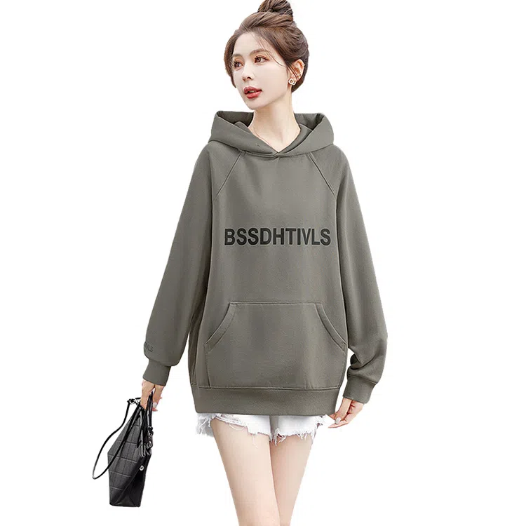 丝柏舍 连帽撞色字母图案上衣学院风减龄宽松长袖休闲加绒卫衣 女款 橄榄绿