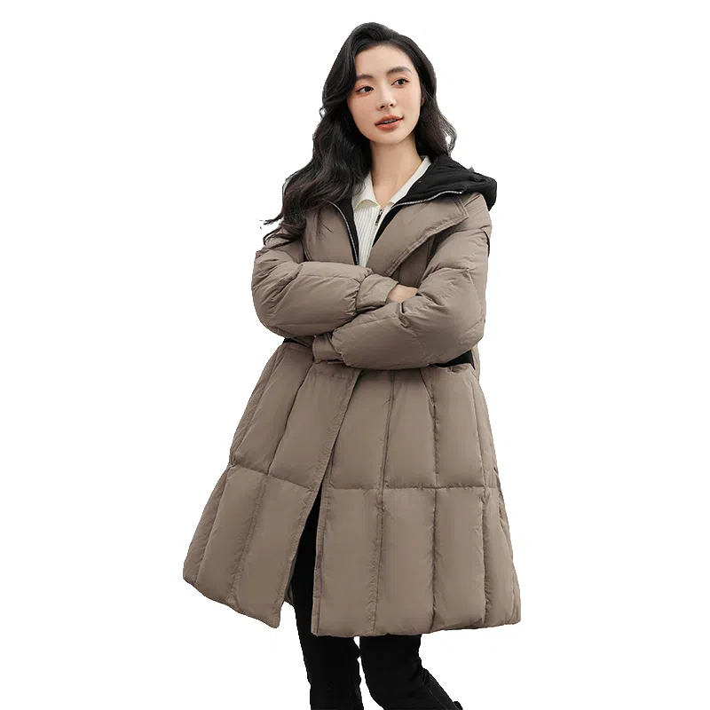鸭鸭 纯色连帽拉链中长款假两件长袖羽绒服 女款