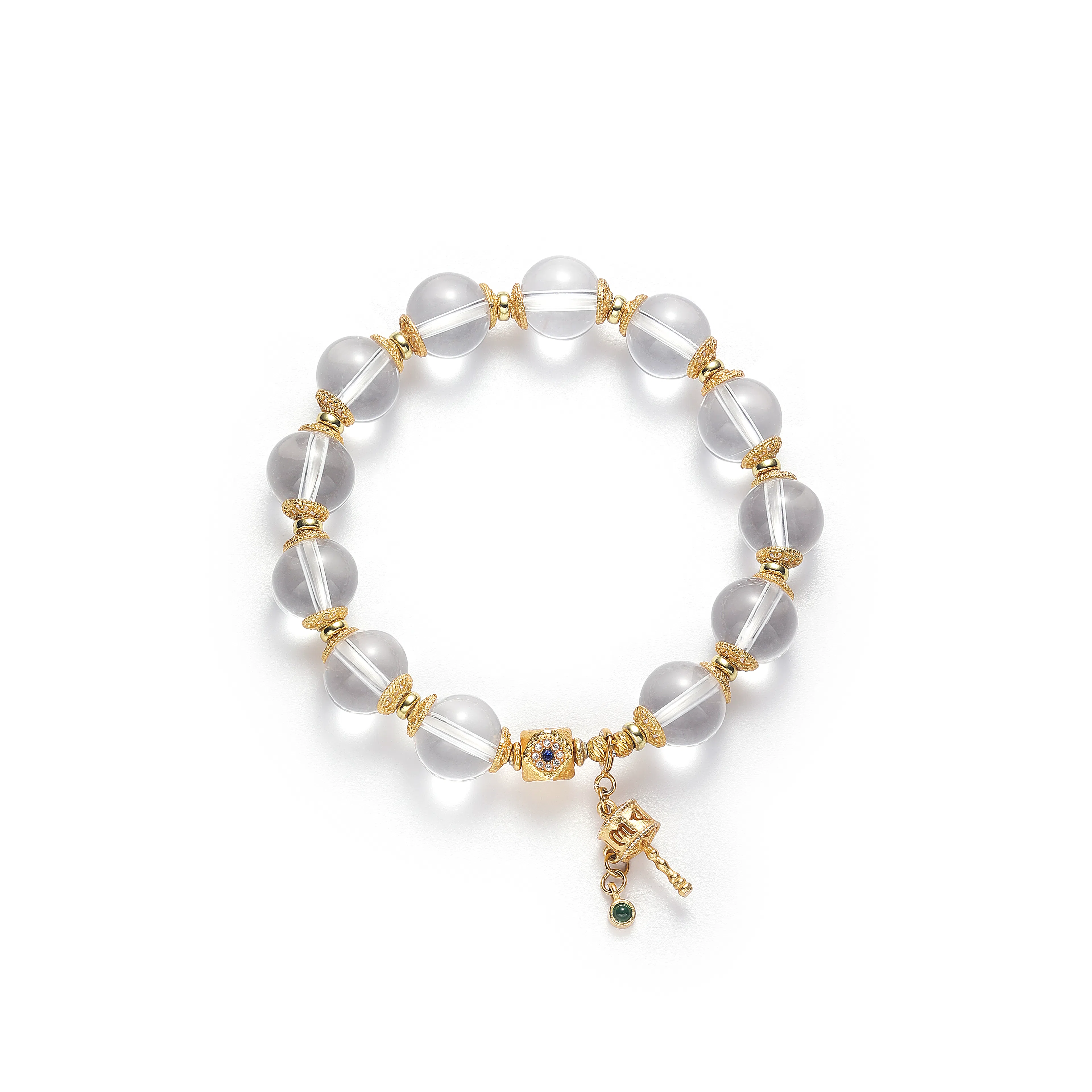 金杰福 招财金色铃铛蓝绿宝石双坠轻奢天然 白水晶 手串 男女同款情侣款