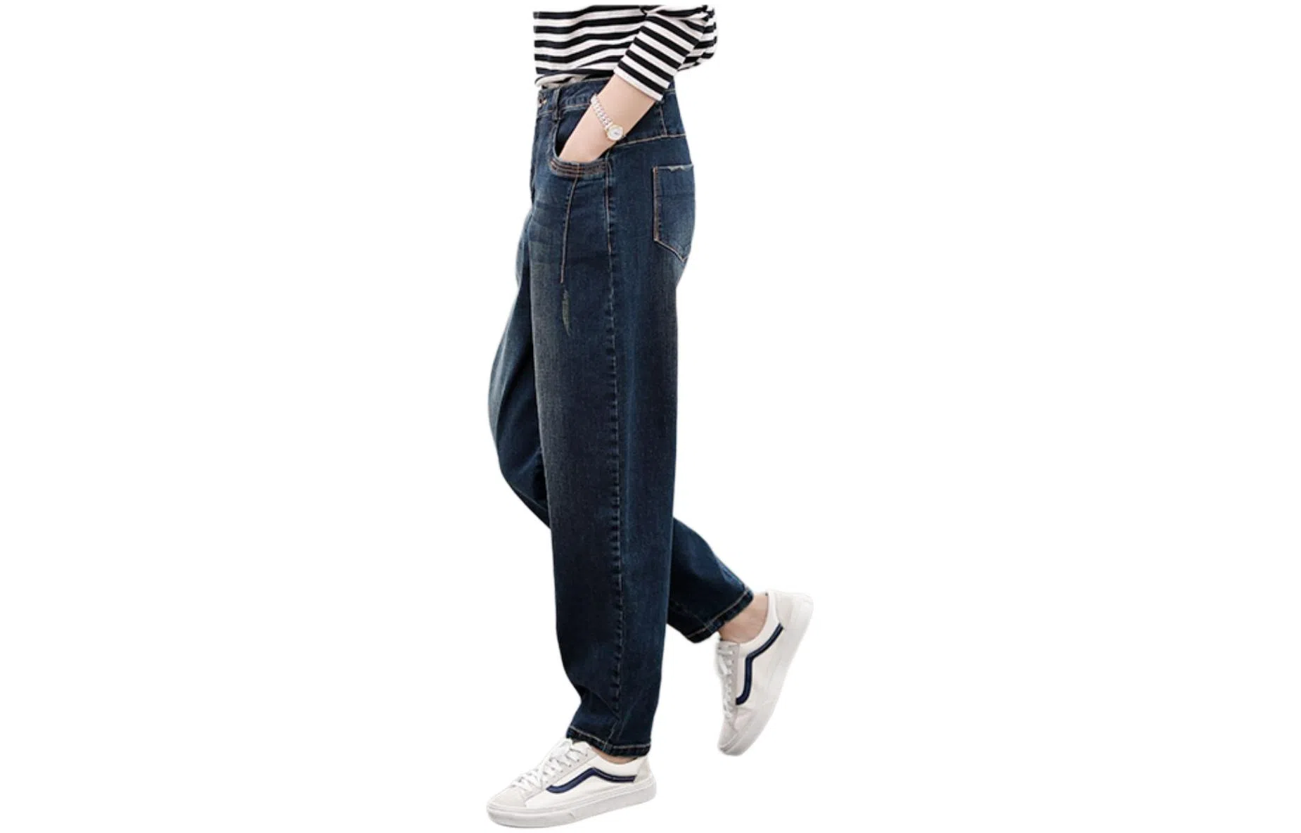 善己 简约高腰宽松牛仔裤 女款 深蓝色