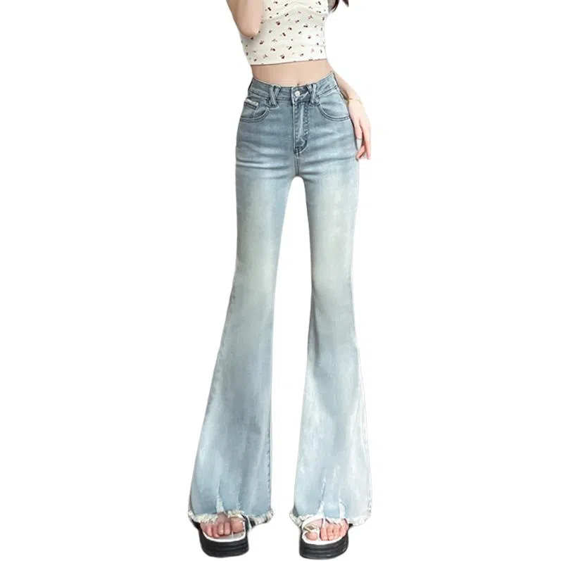 如续 美式复古毛边微喇修身高腰弹力拖地喇叭牛仔裤 女款