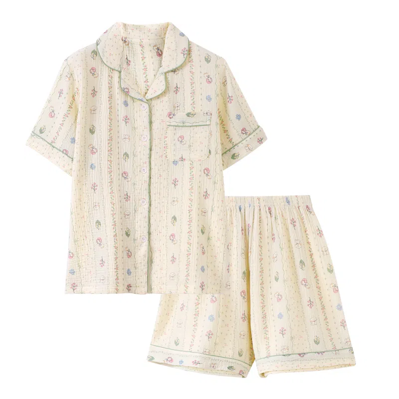 夏芬妍 甜美可爱卡通婴儿棉双层纱翻领短袖短裤家居服简约休闲可外穿睡衣套装 女款