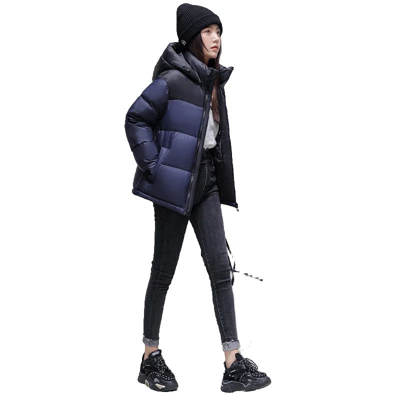 鸭鸭 撞色拼接休闲连帽长袖厚款保暖小个子面包服情侣外穿百搭羽绒服 女款