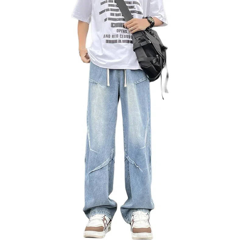 八哥 美式复古高街废土风褶皱设计水洗做旧宽松直筒弹力垂感阔腿显高显瘦微喇舒适直筒百搭工装裤休闲牛仔裤 男女同款