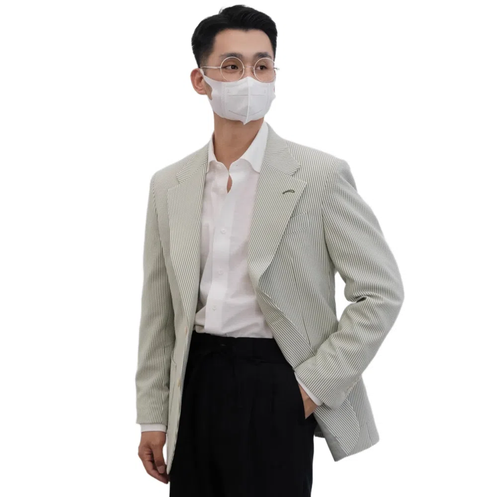 沐诚阳译 何青菜 那不勒斯泡泡纱条纹男春夏单西休闲平驳领外套西装 男款