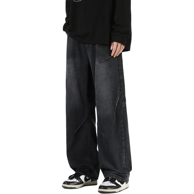 八哥 美式复古高街废土风褶皱设计水洗做旧宽松直筒弹力垂感阔腿显高显瘦微喇舒适直筒百搭工装裤休闲牛仔裤 男女同款