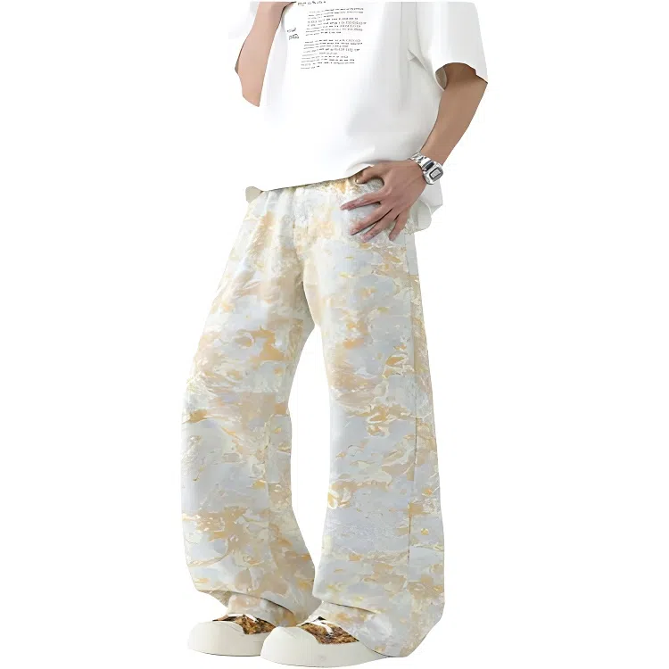 轻迎 扎染碎花牛仔小众设计感裤子直筒美式潮牌微喇弯刀裤休闲裤 男款