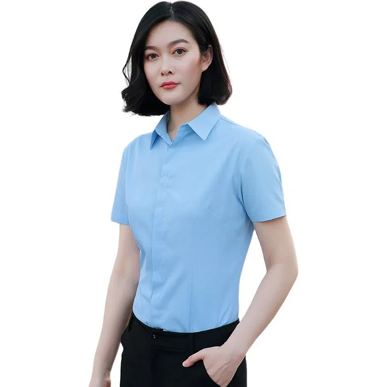 欧迪芬 简约高街职业暗扣设计修身工作服正装工装衬衣休闲短袖衬衫 女款