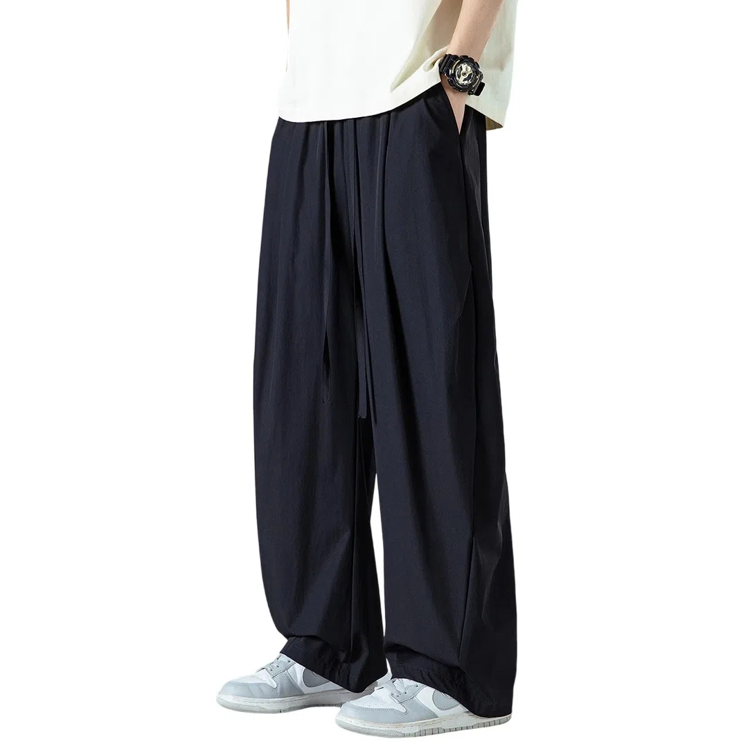 顶峰保罗 褶皱冰丝裤子百搭潮流薄款凉感亲肤透气时尚无性别主义潮牌阔腿裤垂坠感弯刀休闲裤 男女同款