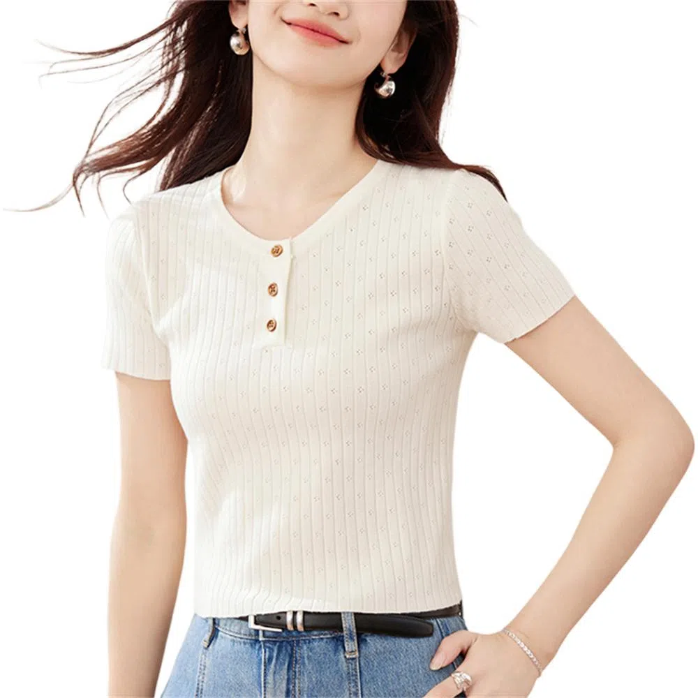 莫代尔 短袖短款圆领韩版半开领纯色套头小款女针织衫 女款