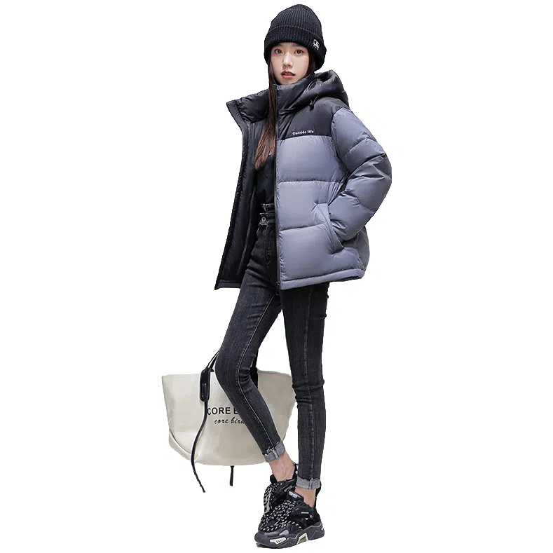 鸭鸭 撞色拼接休闲连帽长袖厚款保暖小个子面包服情侣外穿百搭羽绒服 女款