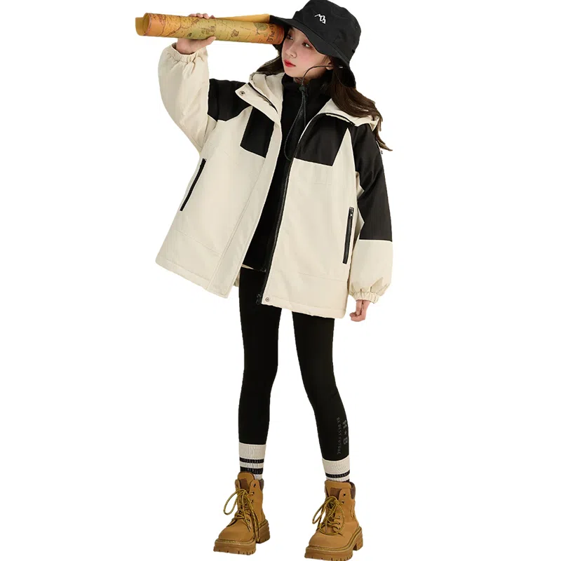 鸭鸭 童装 拼色夹棉连帽防水宽松中长款冲锋衣 儿童款