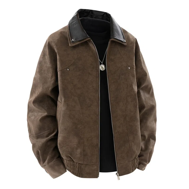 个性拼接纯色仿皮飞行员夹克 百搭 防风保暖皮衣 男女同款