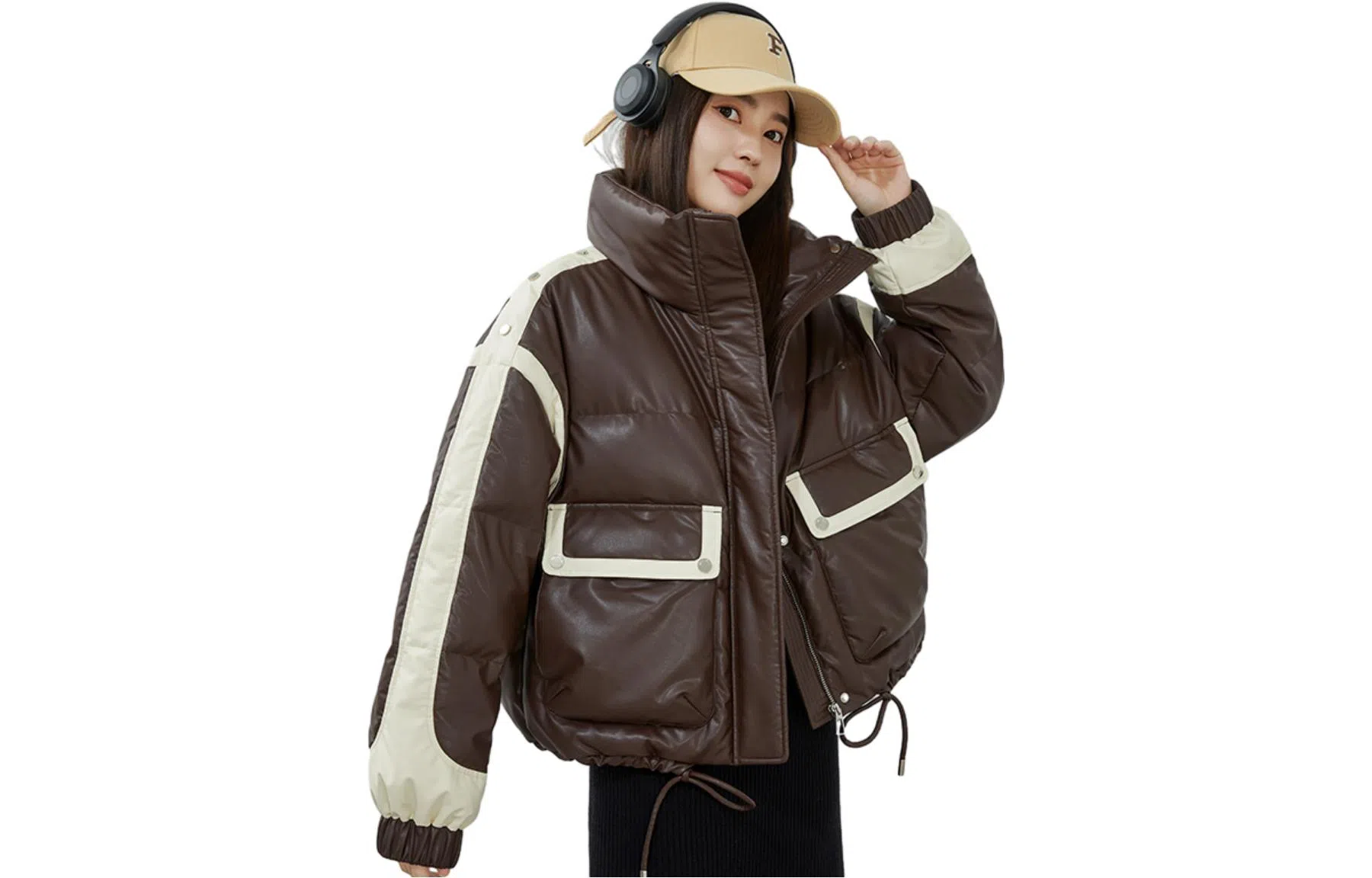 鸭鸭 拼色拉链立领短款休闲长袖羽绒服 女款