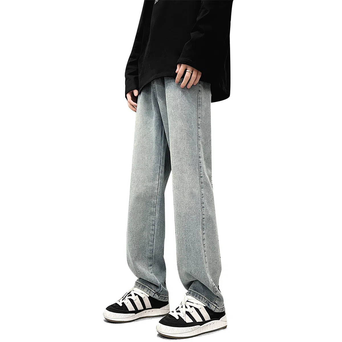 人本 美式简约长裤子后腰松紧直筒宽松舒适复古高街阔腿牛仔裤夏季 男女同款