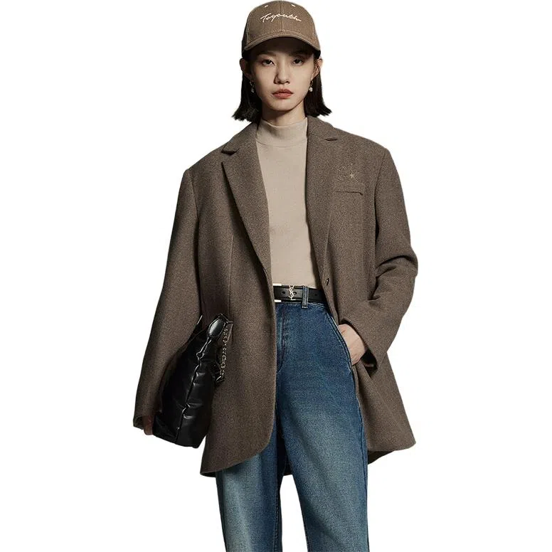 初语 加厚呢子通勤风垫肩毛呢西装大衣外套 女款 浅咖色