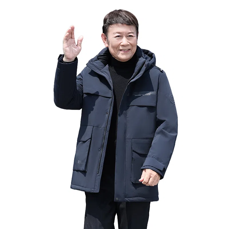鸭鸭 鹅绒系列中老年爸爸装纯色商务休闲百搭拆卸连帽户外防寒保暖工装中长款羽绒服 男款