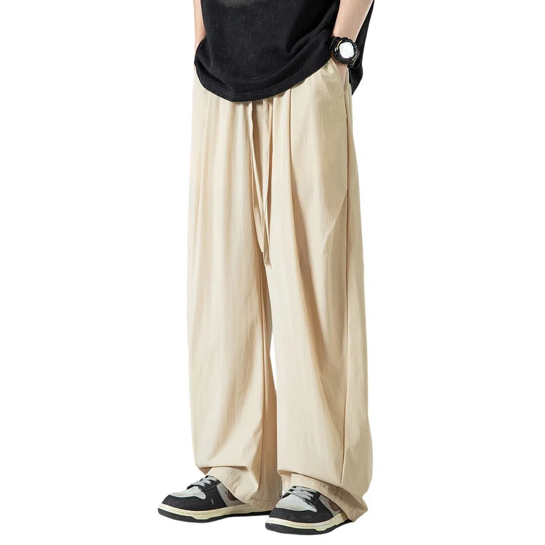 顶峰保罗 褶皱冰丝裤子百搭潮流薄款凉感亲肤透气时尚无性别主义潮牌阔腿裤垂坠感弯刀休闲裤 男女同款