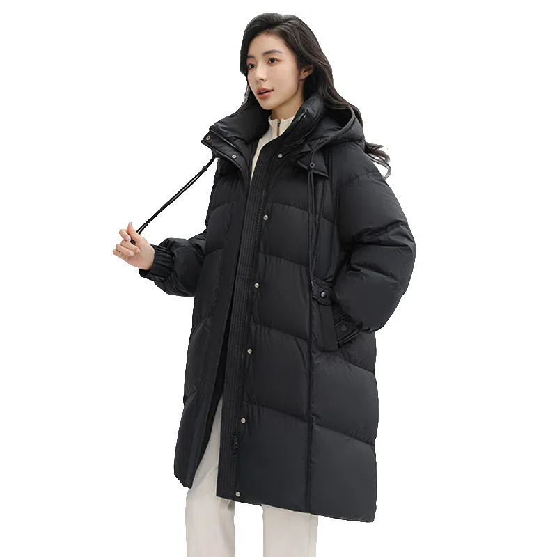 鸭鸭 高端中长款过膝面包服连帽羽绒服 女款