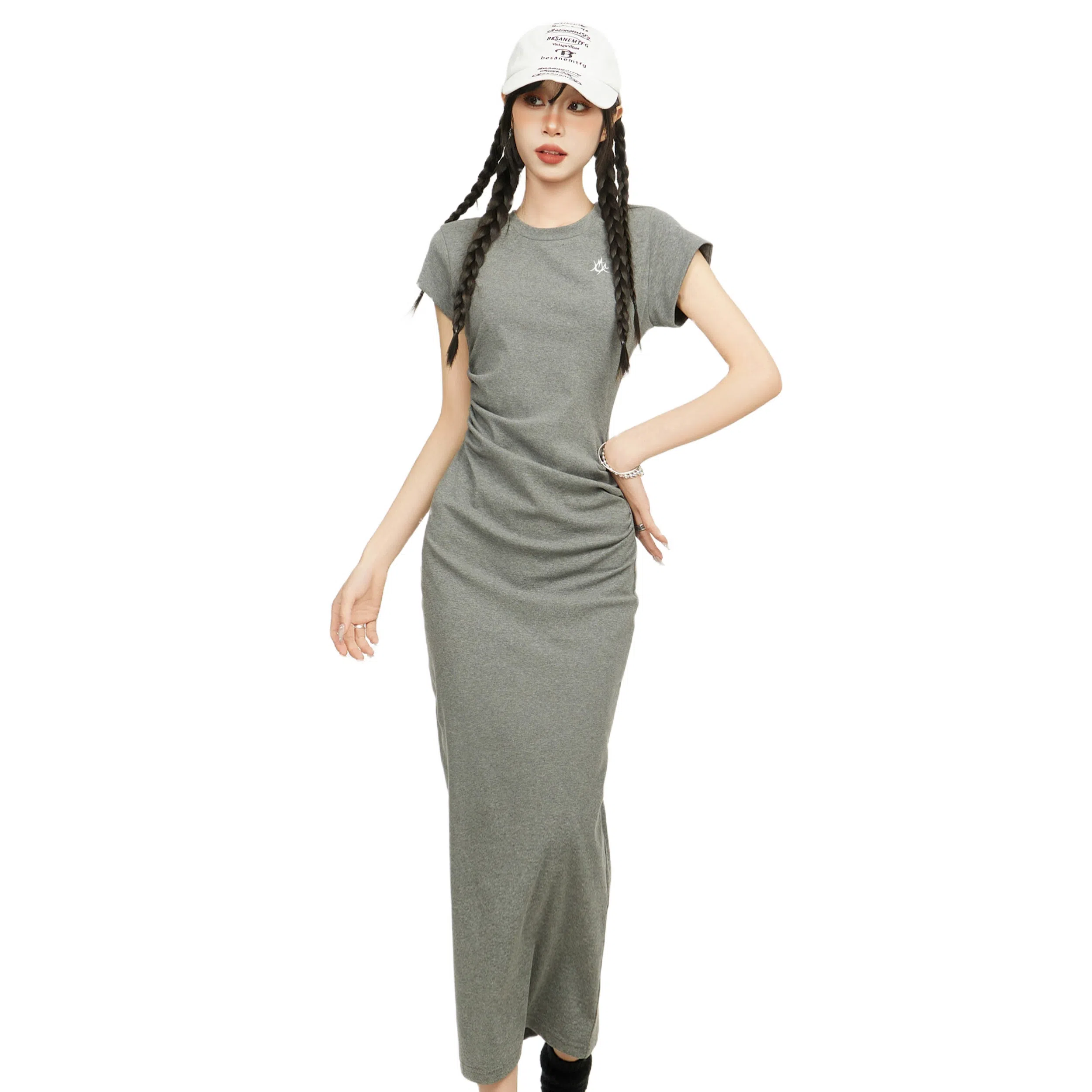 柏黛妃 纯色简约修身短袖连衣裙 女款 灰色