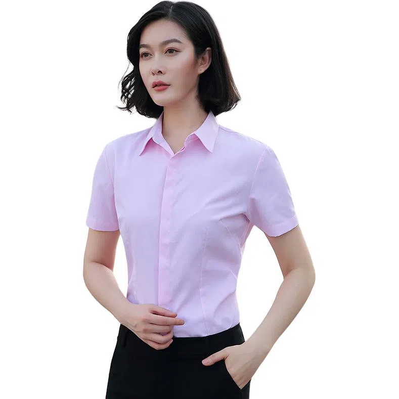 欧迪芬 简约高街职业暗扣设计修身工作服正装工装衬衣休闲短袖衬衫 女款