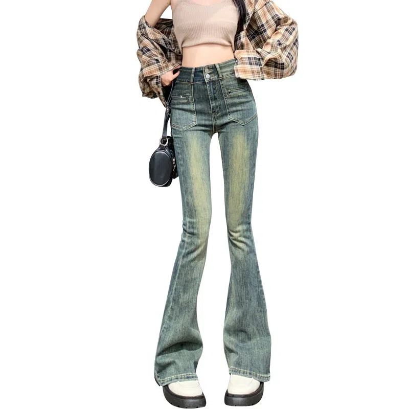 么宁 复古微喇叭高腰设计感辣妹马蹄牛仔裤 女款