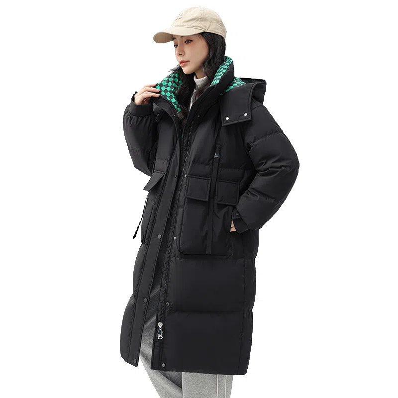 鸭鸭 中长款过膝立领连帽棋盘格撞色里衬韩版通勤时尚羽绒服 女款