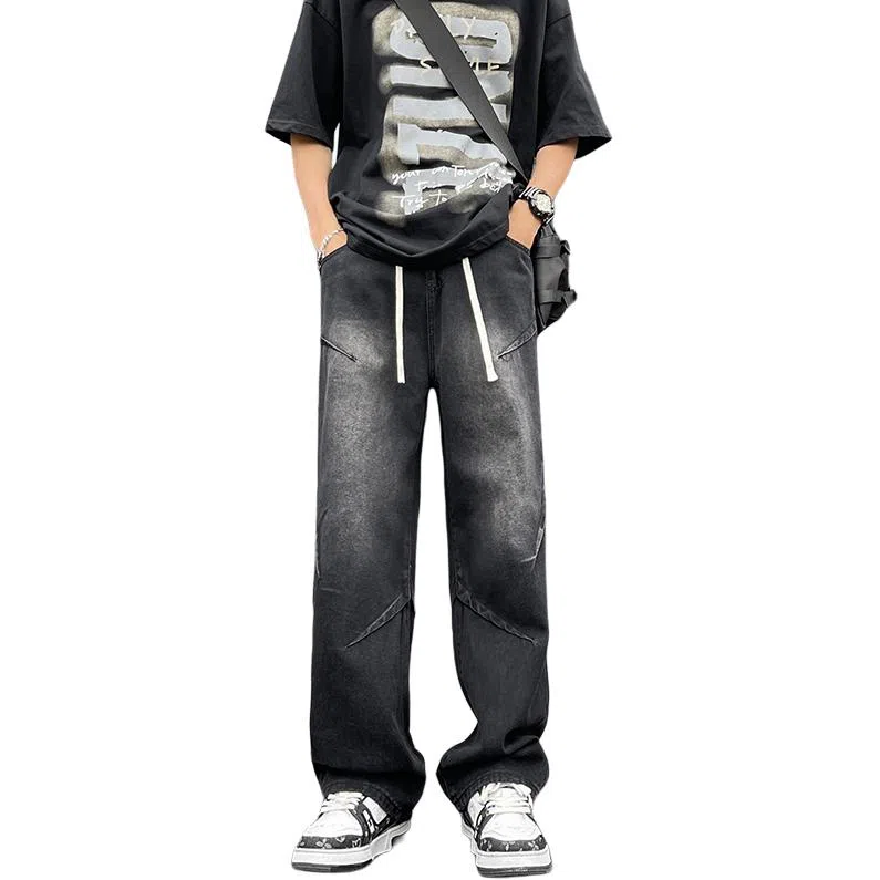 八哥 美式复古高街废土风褶皱设计水洗做旧宽松直筒弹力垂感阔腿显高显瘦微喇舒适直筒百搭工装裤休闲牛仔裤 男女同款