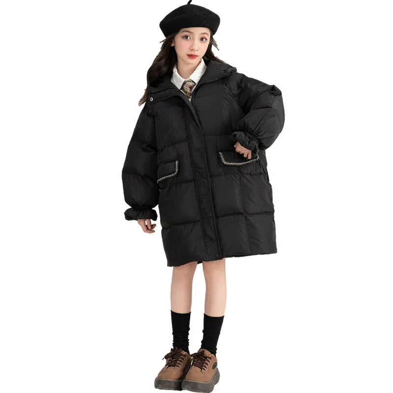 鸭鸭 童装 纯色连帽中长款宽松休闲羽绒服 儿童款