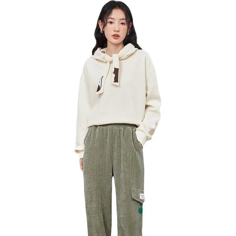 初语 藏青色可爱猫咪刺绣宽松加绒加厚连帽衫卫衣 女款