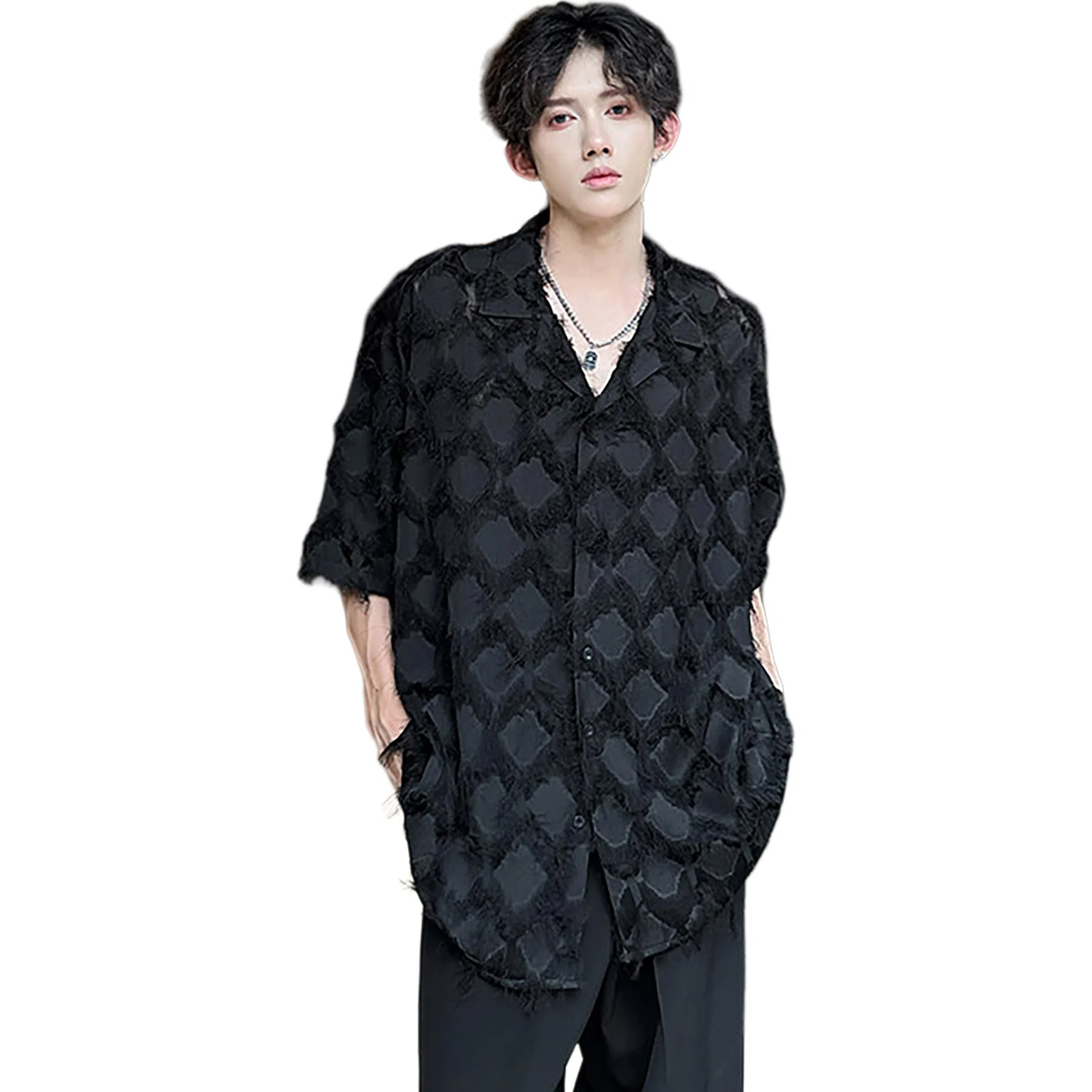 袋鼠 简约流苏纯色清爽透气舒适亲肤潮牌美式日常基础潮流宽松休闲翻领短袖衬衫 男女同款