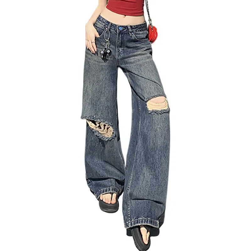 如续 破洞阔腿高腰高街宽松牛仔裤 女款