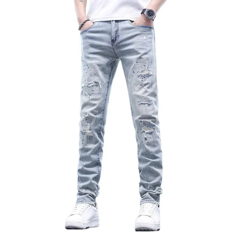 尘映 裤子破洞薄款修身小脚潮牌痞帅炸街牛仔裤 男款