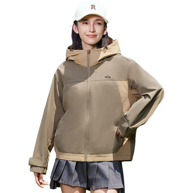 鸭鸭 户外露营短款连帽拼色防风夹克外套 男女同款