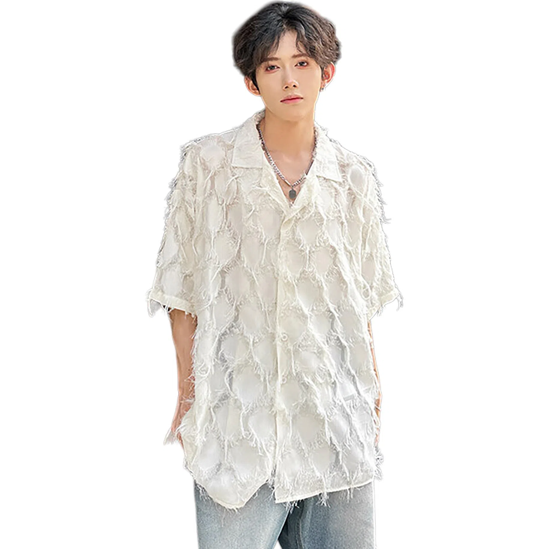 袋鼠 简约流苏纯色清爽透气舒适亲肤潮牌美式日常基础潮流宽松休闲翻领短袖衬衫 男女同款