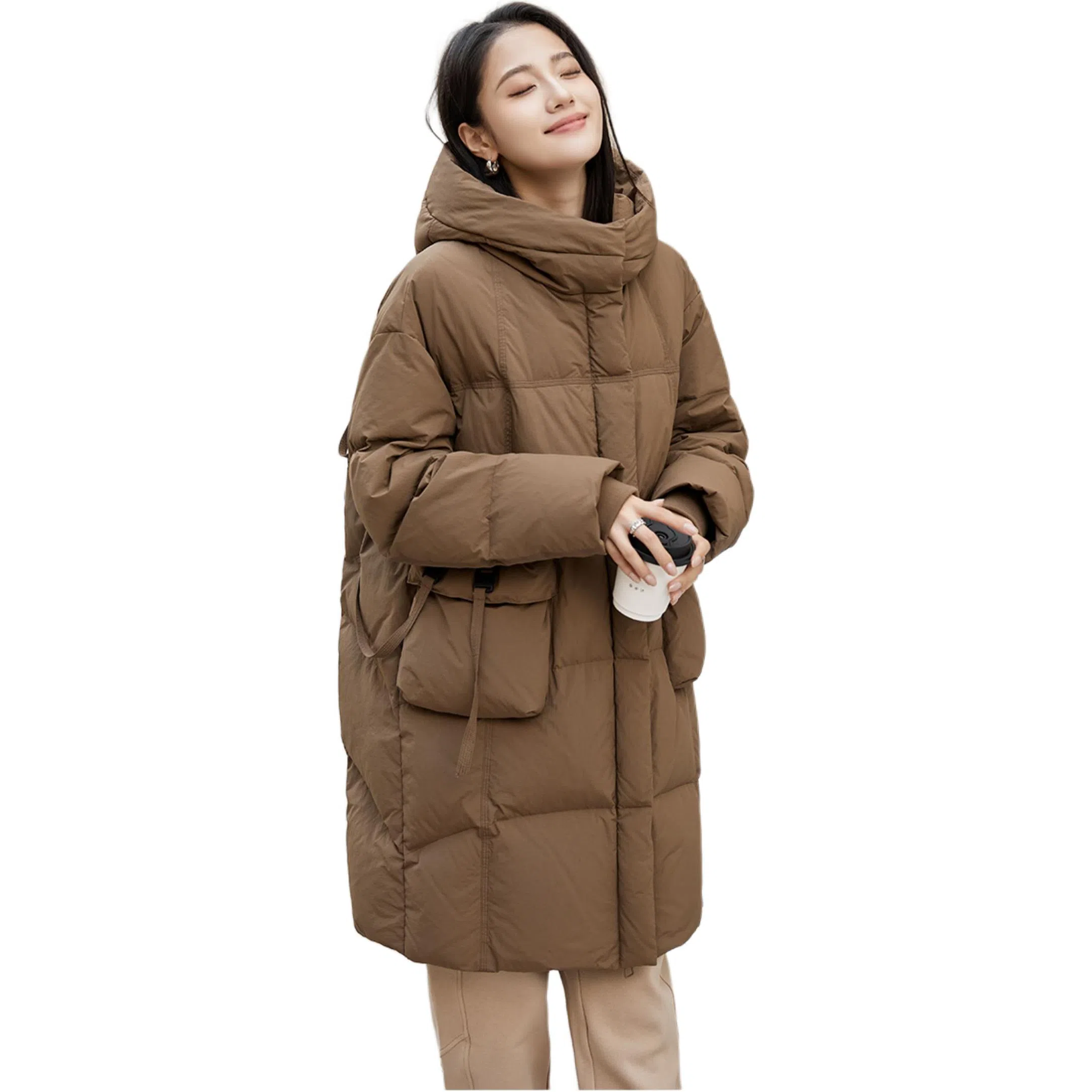 鸭鸭 纯色宽松连帽保暖中长款长袖羽绒服 女款