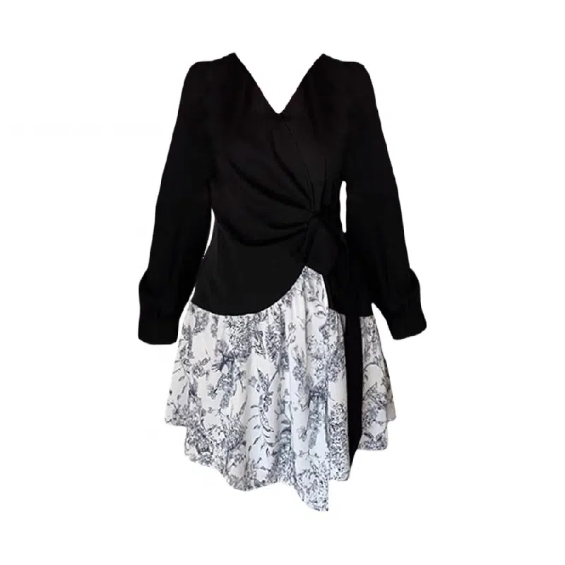 思蓓儿 水墨花设计感收腰长袖连衣裙 女款