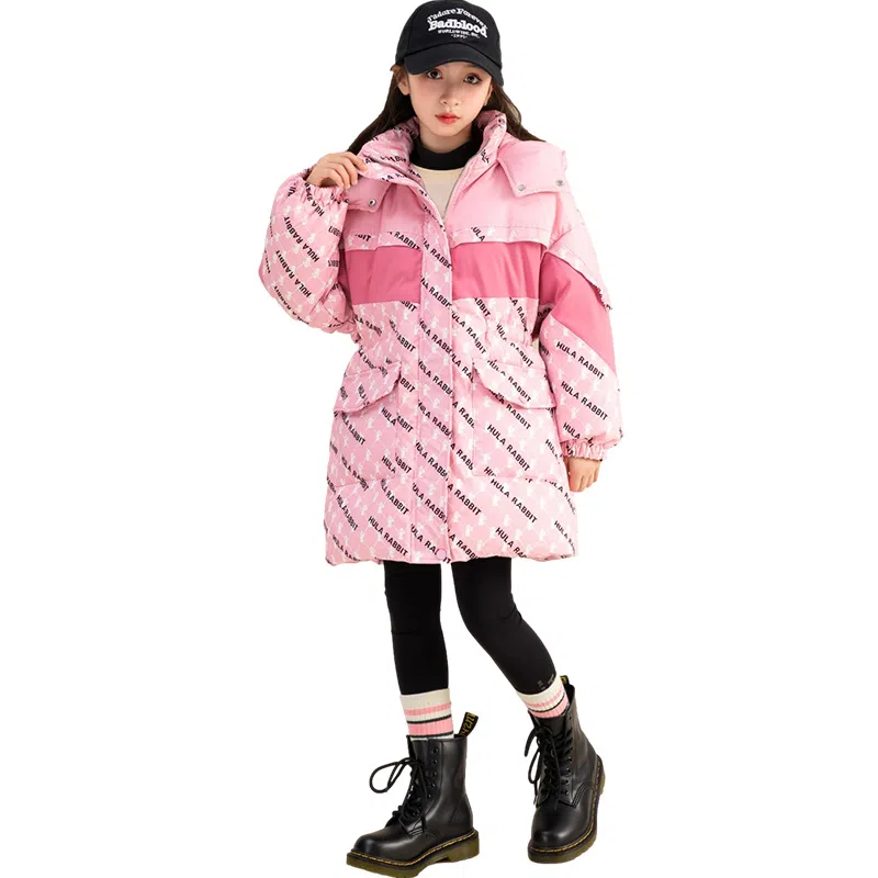 鸭鸭 童装 拼色满印白鸭绒中长款宽松休闲长袖羽绒服 儿童款