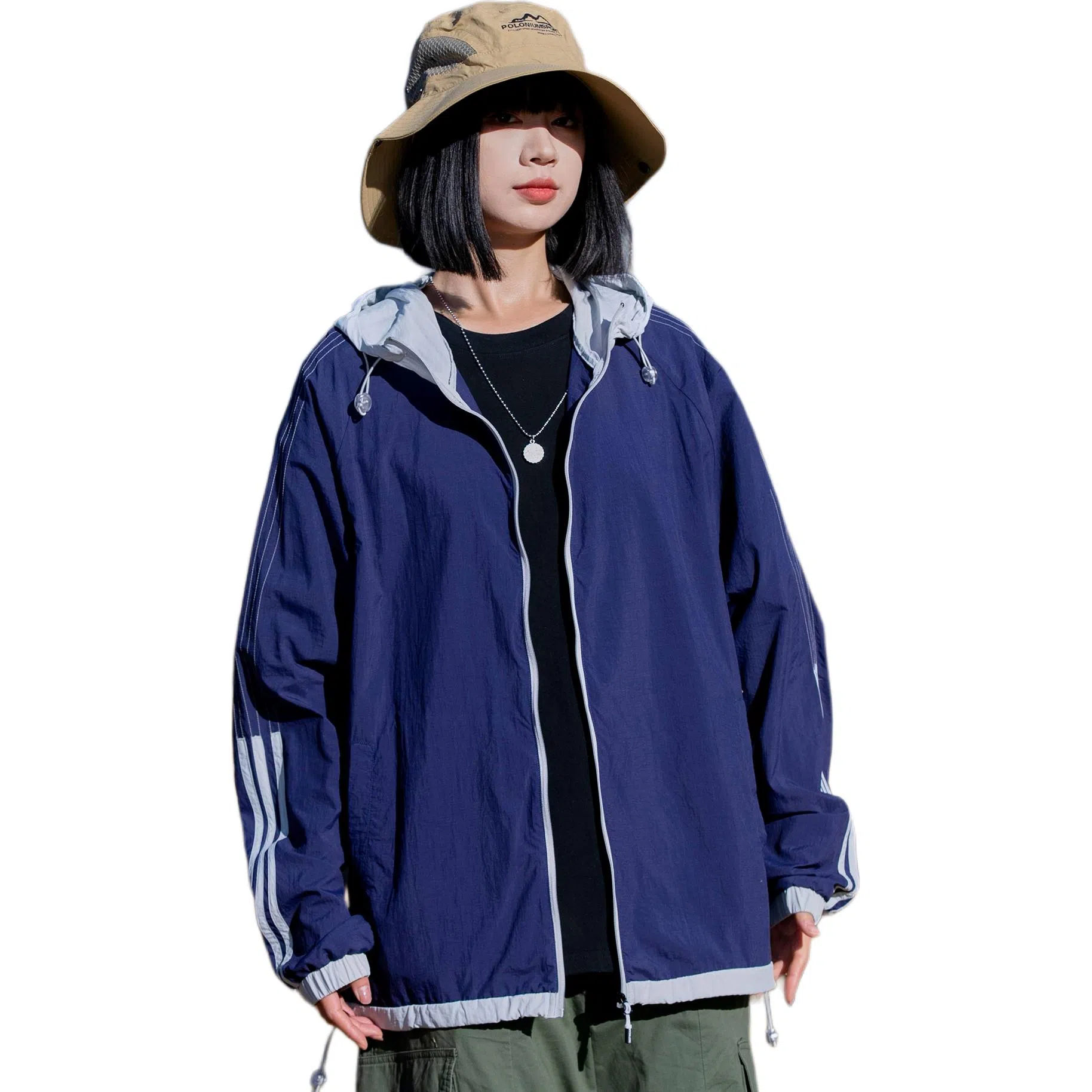 黑恐龙 休闲宽松百搭柔软轻薄时尚简约个性连帽条纹防晒服 男女同款