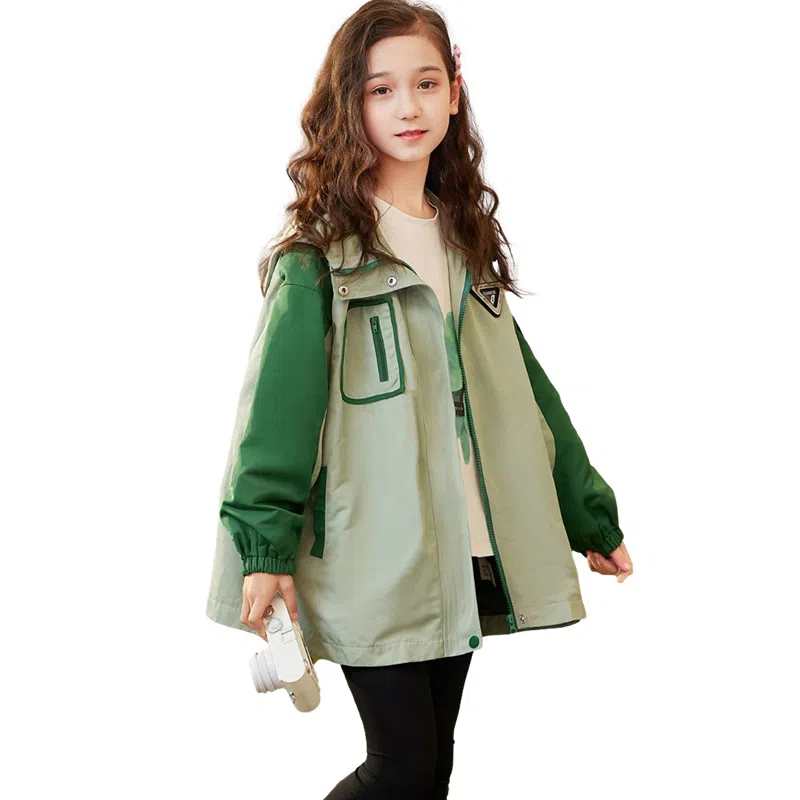 鸭鸭 童装 拼色加绒连帽户外中长款宽松冲锋衣 儿童款