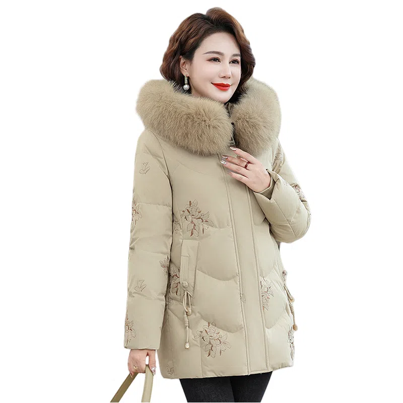 雅鹿 毛领宽松连帽中长款厚羽绒服 女款