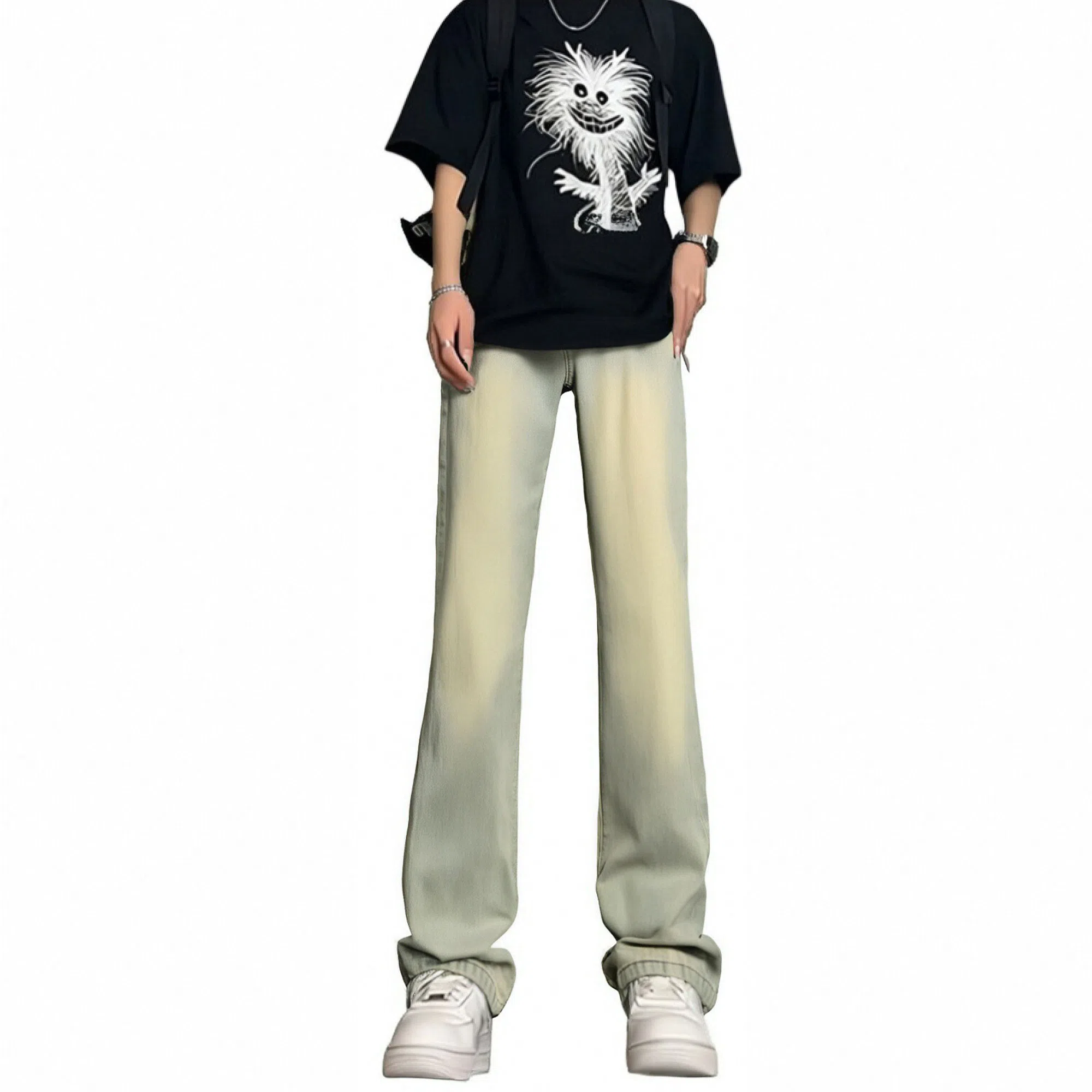 布客行 美式高街复古做旧水洗百搭显高显瘦潮流休闲微喇直筒裤牛仔裤 男女同款