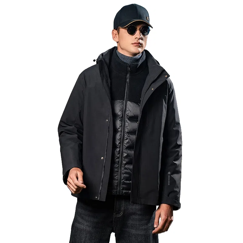 鸭鸭 鹅绒三合一系列 纯色山系户外远足防风防水保暖短款连帽登山羽绒服 男款