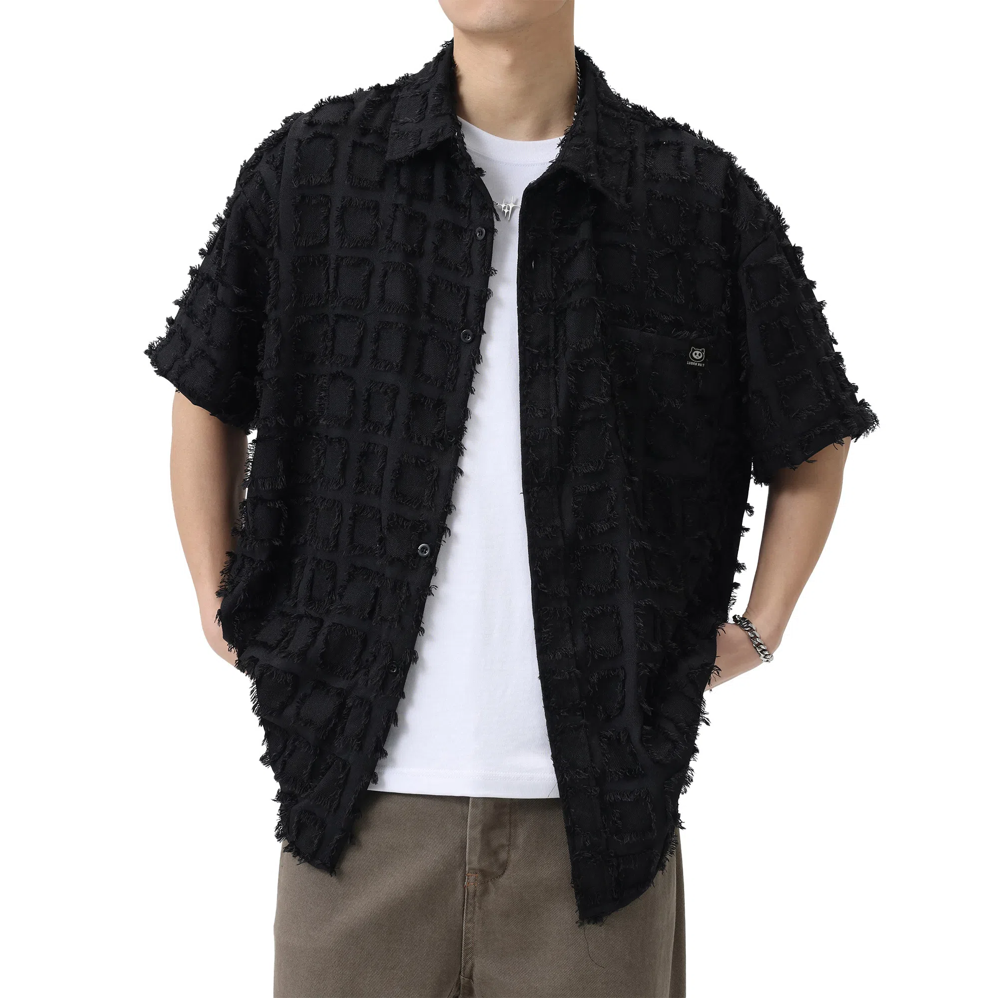 王者荣耀 美式复古格子流苏宽松舒适时尚百搭校园风少年感无性别休闲翻领纽扣短袖衬衫 男女同款